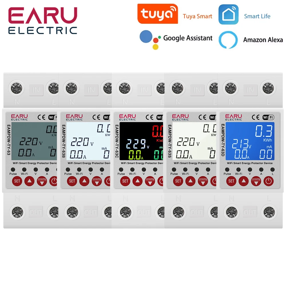 2P AC 230V Tuya WiFi Smart Circuit Earth Leakage Over Under Voltage Protector Relay Device Switch Breaker Energy Power kWh Meter