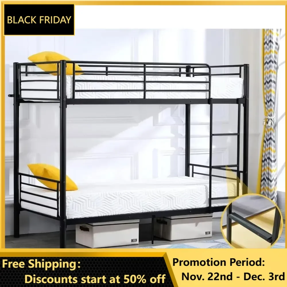 Bunk Bed Twin Over Twin, Bunk Bed with Flat Ladder and 13 Inches High Guardrail, Metal Bunk Bed with Stairs, Bedroom Furniture