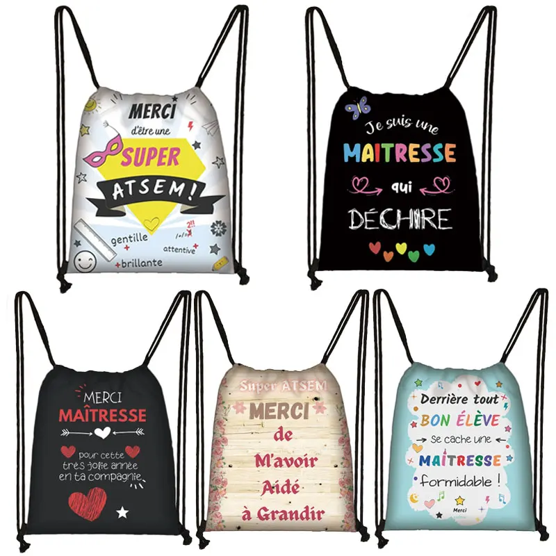 

Super Atsem Merci Maitresse Print Drawstring Bag Teenager Bookbags Women Storage Bags Shoes Holder Teacher's Day Graduation Gift