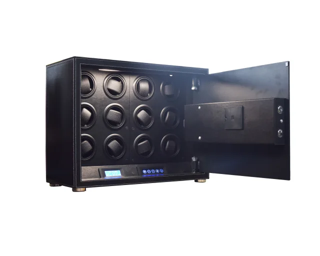 Luxury watch winder box with black leather 4slots watch storage cabinet with backlight for Rolex Patek Philippe Omega