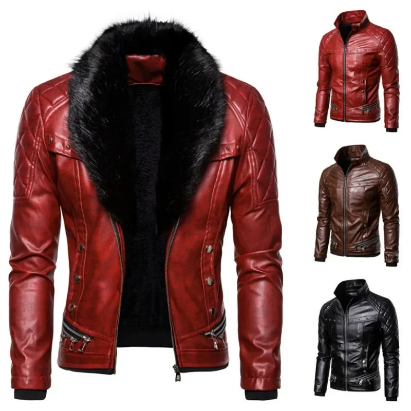 Fur Collar Coat Rivet Compressed Cotton Thick Windproof Locomotive Style Leather Jacket New Men Punk Detachable Coat Male