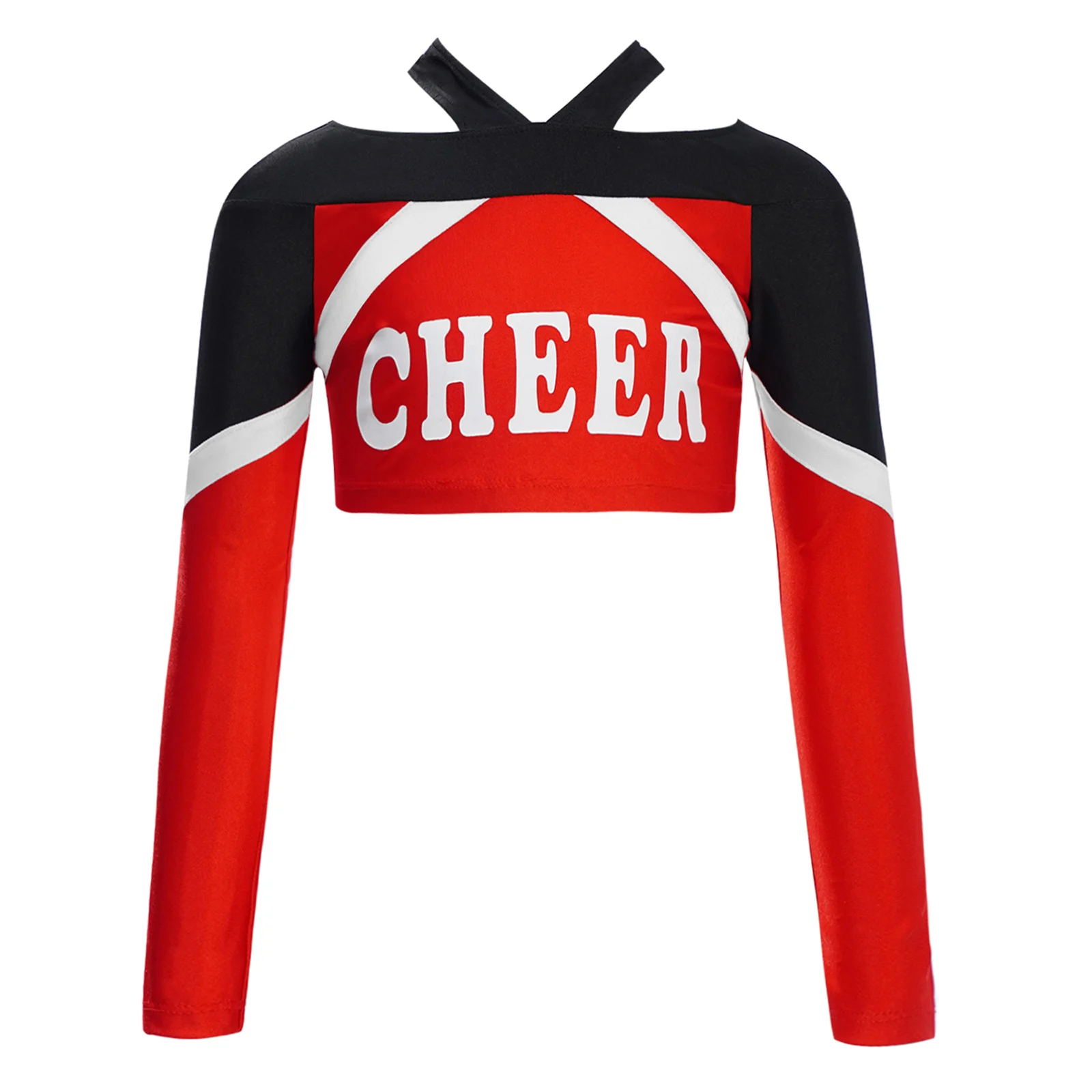 

Kids Girls Gymnastics Top Cheerleading Performance Costume Long Sleeve Letter Print Color Block Dance Crop Top for School Show