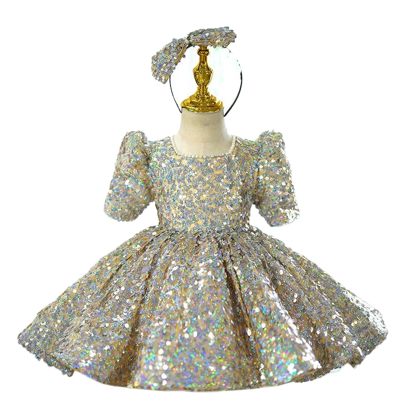 2024 Luxury Sequin Girl Birthday Party Baby Kids Princess Dress Short Sleeved Round Neck High End Ballroom Clothing for Children