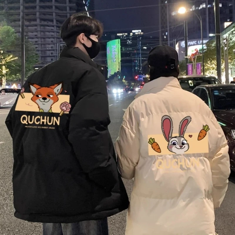 

Couple Matching Puffer Jackets - Warm Thick Winter Coats with Back Fox & Rabbit Cartoon Print | Casual Street Style Outfits