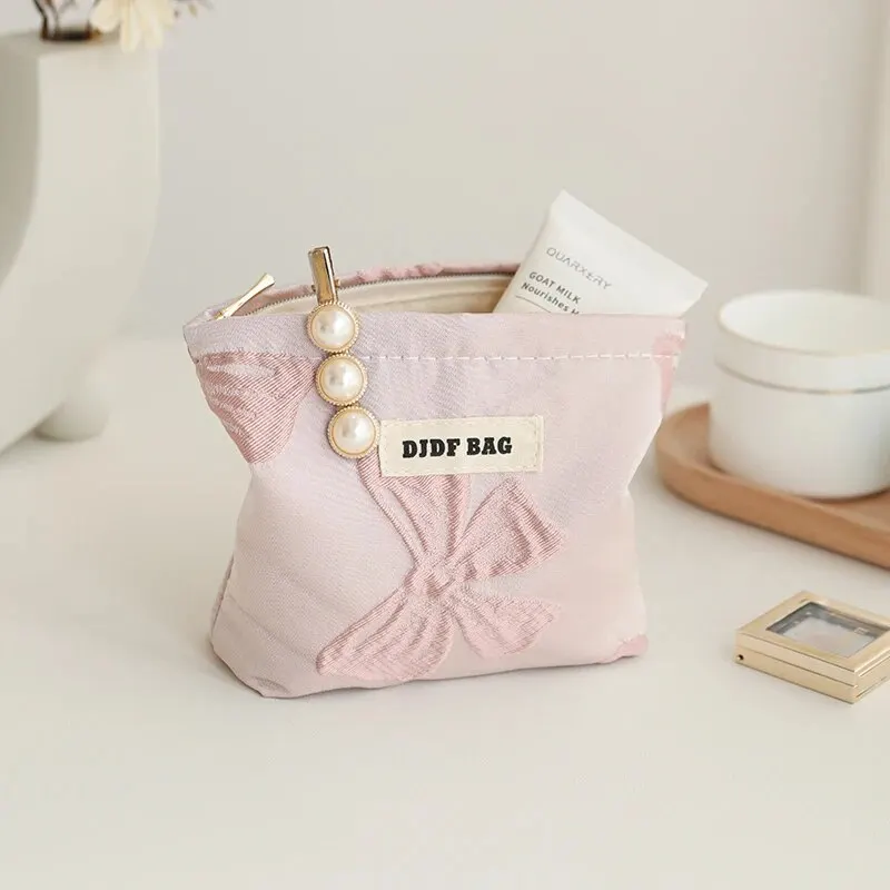 Women\'s Makeup Bag Small Pink Bow Large Capacity Makeup Lipstick Storage Bag Portable Coin Purse Commuter Clutch Ins Style