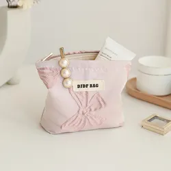 Women's Makeup Bag Small Pink Bow Large Capacity Makeup Lipstick Storage Bag Portable Coin Purse Commuter Clutch Ins Style