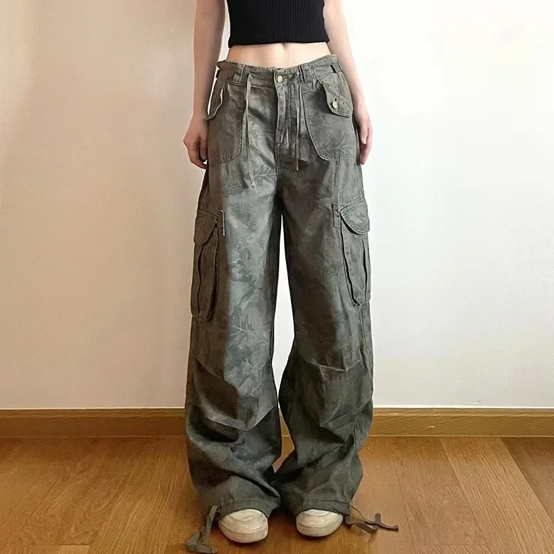 Jeans Perkakas Dasi Kaki Cetak Kamuflase Antik Kurus Anak-anak Tinggi Amerika Jeans Kaki Lebar Hip Hop Jalanan Rempah Wanita