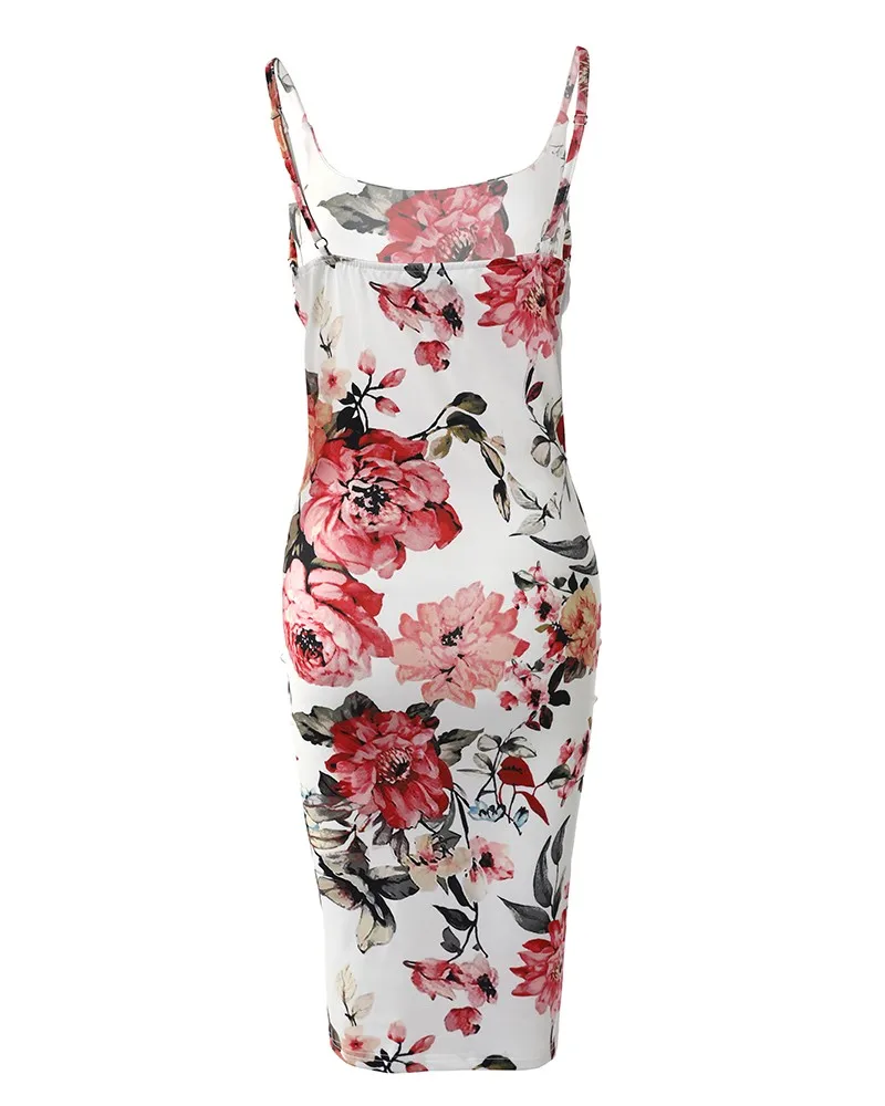 Women Long Slim Sleeveless Sexy High Waist Evening Floral Print Bodycon Cami Dress Party Knee Length Dress