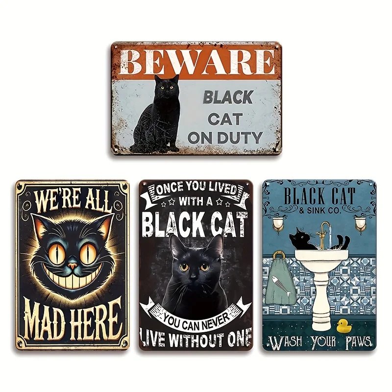 4pcs Set Black Cat Vintage iron Sign - Rustic Wall Art With 4 Nail Holes For Easy Installation,Rounded Corners,Suitable For Home