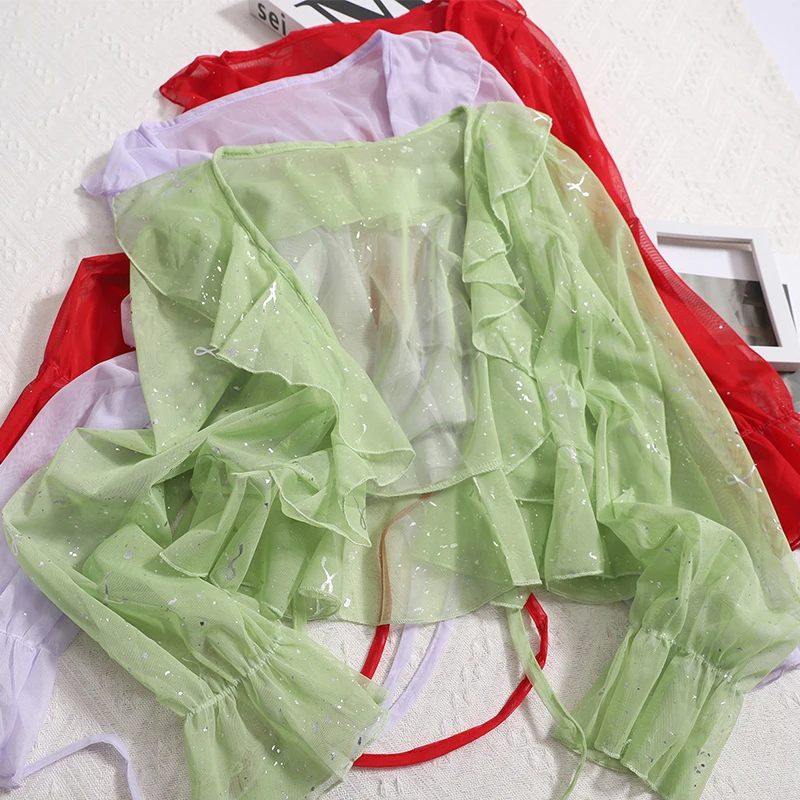 

Women Ruffles Sweet Long Sleeve Lace Up Shirt Transparent Knit Short Coat Mesh Sheer Shinny Basics Chiffon Sun-proof Shirt