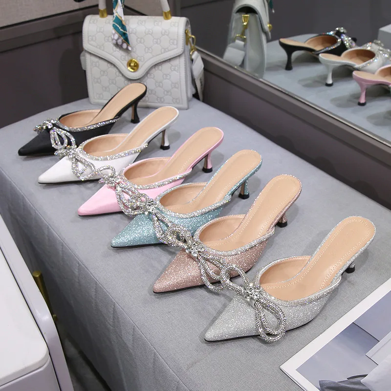 Spring And Summer Of 2024, The New Rhinestone Bow Pointed Half Slippers, Satin Thin Heels And High-Heeled Sandals And Slippers.