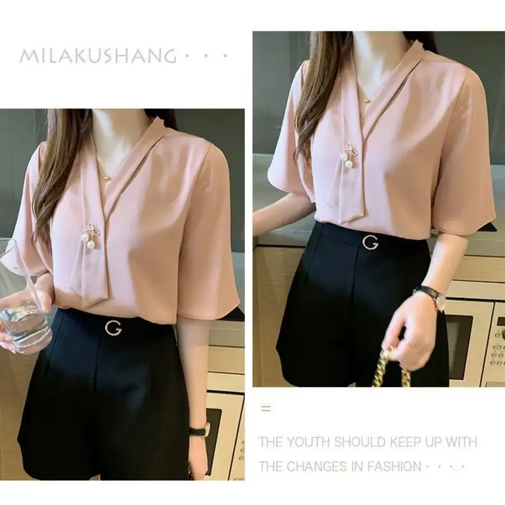 シックな無地のリボン付きエレガントシャツ、レースアップルーズロングスリーブブラウス、オフィスレディー向けオールマッチレディースシフォンブラウス、オフィス用