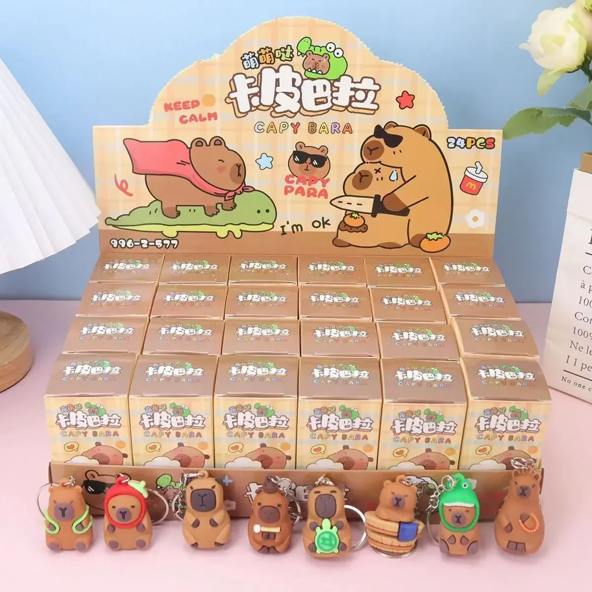 New 24Pcs/Box Capybara Keychain Kawaii Cartoon Hang On Bag Accessories Anime Figures Keychains birthday gift
