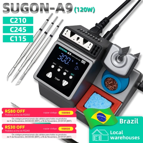 Estação de solda SUGON-A9 compatível com ponta de ferro de solda original 210/245/115 alça estação de retrabalho de soldagem eletrônica sem chumbo