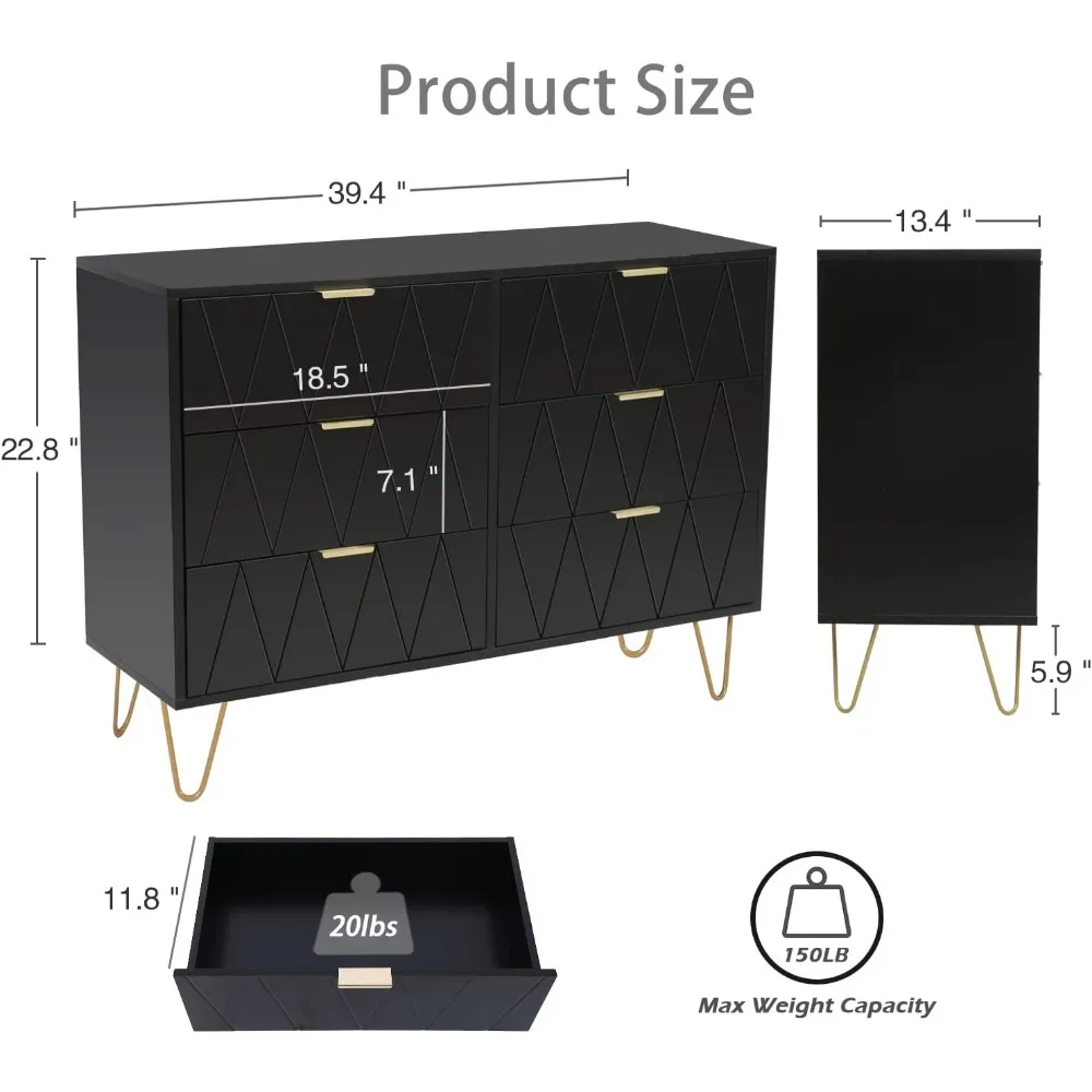 Black 3 Pcs Bedroom Sets, 6 Drawer Dresser and Night Stand Sets for Bedroom, Two Drawers Nightstand Set of 2 & 6 Drawer Dresser