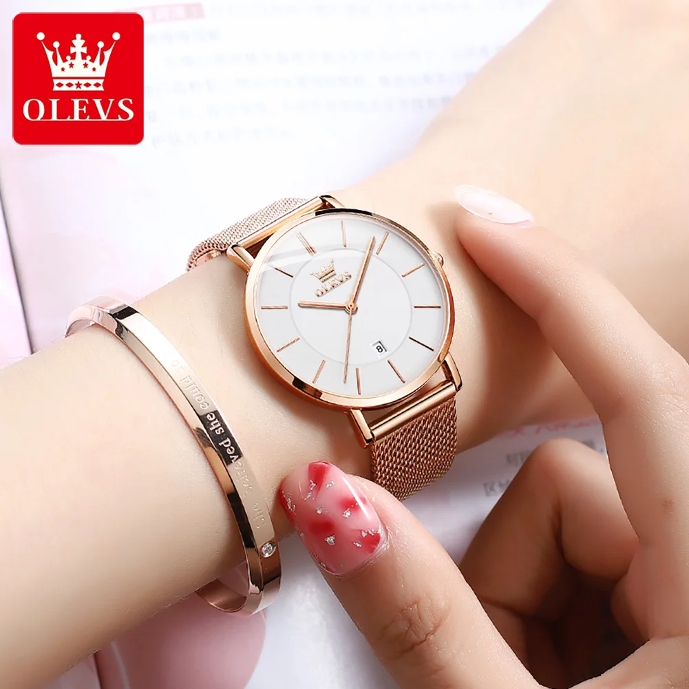 OLEVS 5869 Simple Quartz Watch For Women Original Fashion Waterproof Ladies Wrist Watch Milanese Steel Strap Calendar Watches