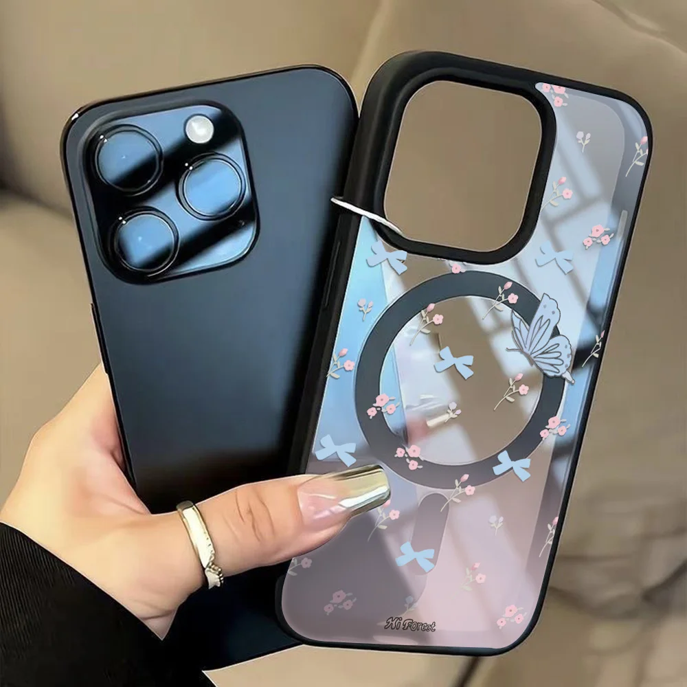 Funda magnética transparente Magsafe para iPhone 17 Pro Max 13 16 14 11 12 15 Pro Max flor mariposa cubierta de carga inalámbrica
