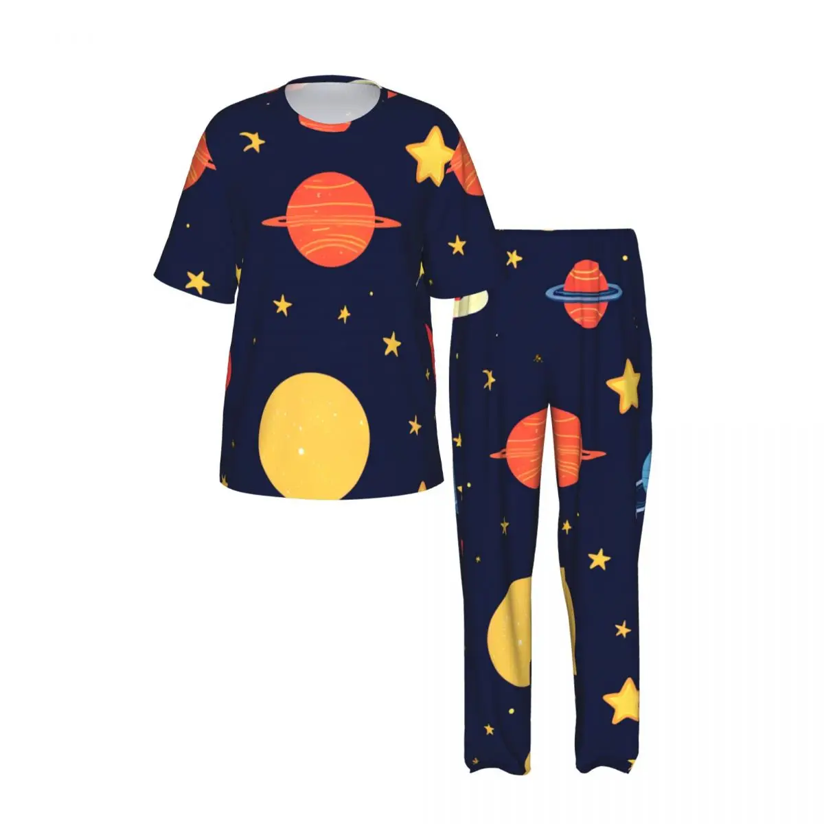 Men's Pajamas Set Summer Short-Sleeve Tops + Long Pants Nightwear Home Wear Suits Planets And Stars Cute Print Sleepwear view 2