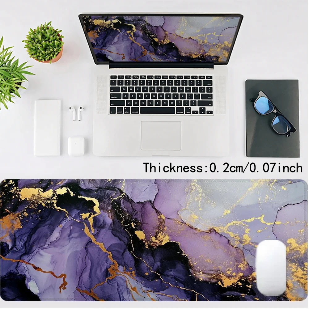 パープルマーブルパターンマウスパッドかわいいXXLゲーミングマウスパッドラバーベースステッチエッジ付き滑り止めデスクパッド大型デスクアクセサリー