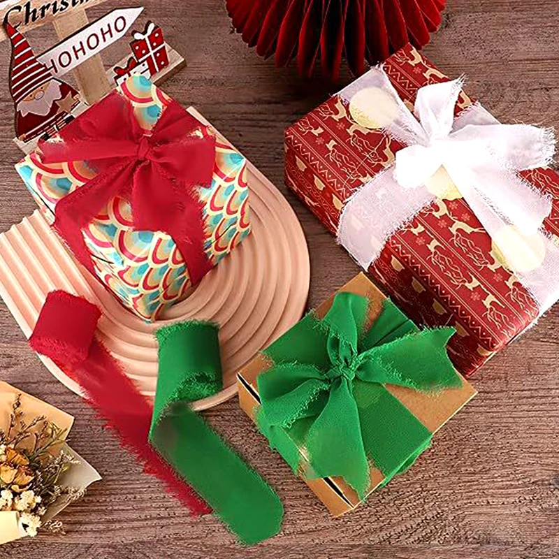 5m/roll Christmas Raw Edge Chiffon Ribbon DIY Xmas Tree Bow Frayed Ribbon New Year Invitation Gift Bouquet Craft Wrapping Supply