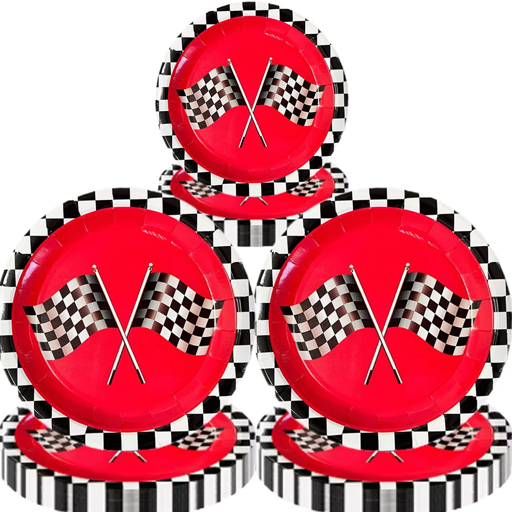 12/60 Stück rote Rennpappteller, Einwegteller, rotes Rennwagen-Mottoparty, schwarz, weiß, kariert, Kindergeburtstag, Partyzubehör – Detail 1