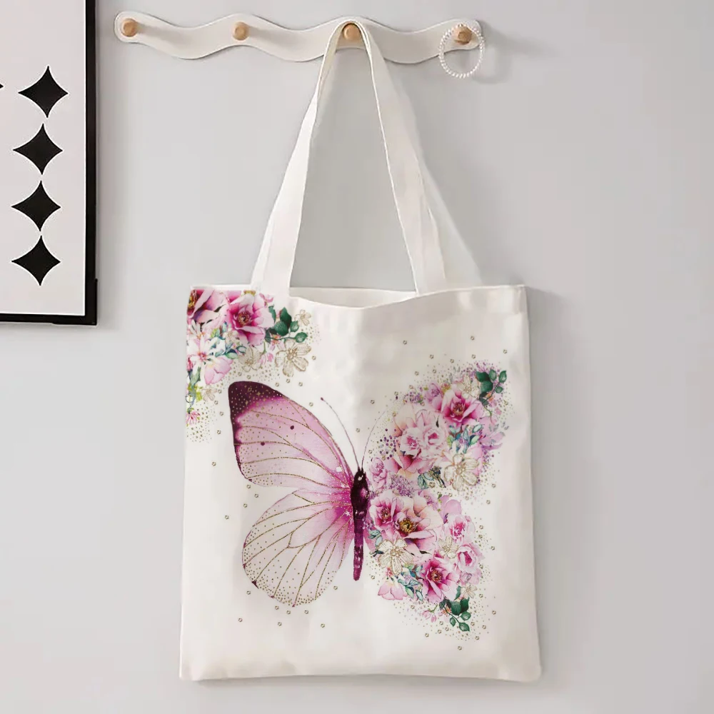 Butterfly Linen Bag Aesthetic Butterfly Tote Bag Women Girls Gift Fun Tote Bag Cute Butterfly on Flowers