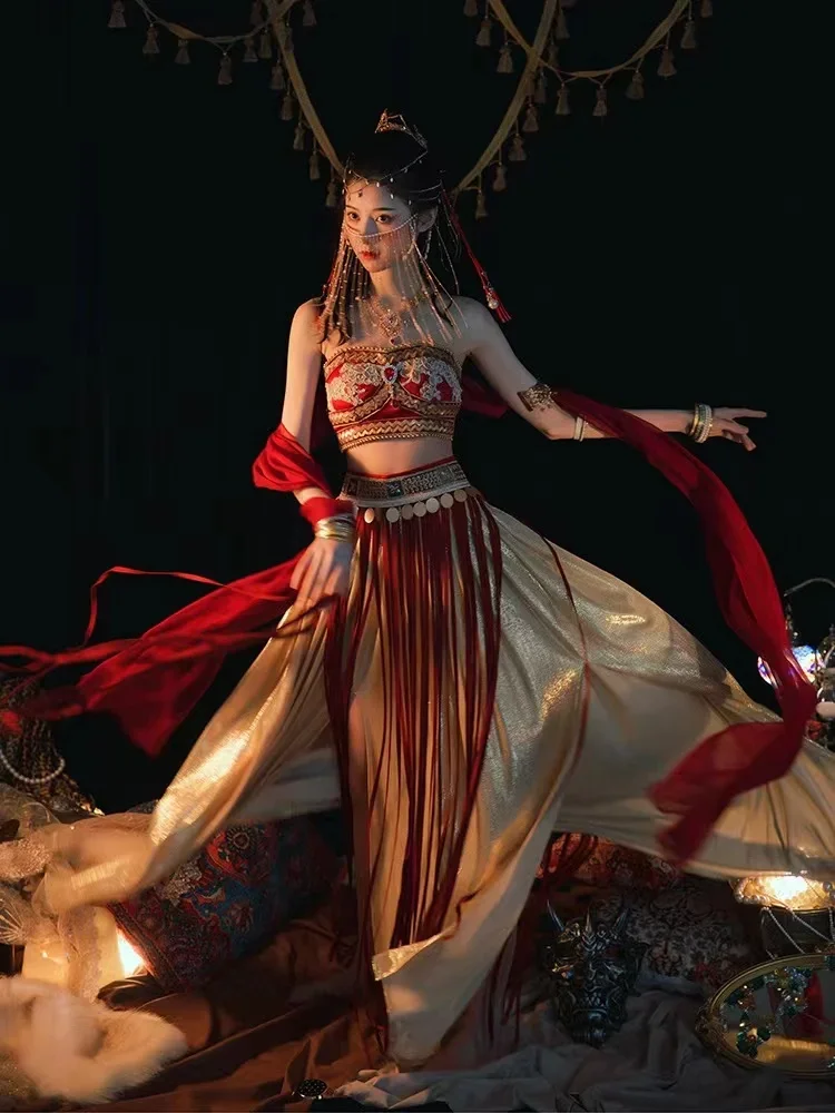 

Китайская Классическая искусственная экзотическая танцевальная одежда Dunhuang для девочек, костюм для косплея на Хэллоуин, комплект платья ханьфу