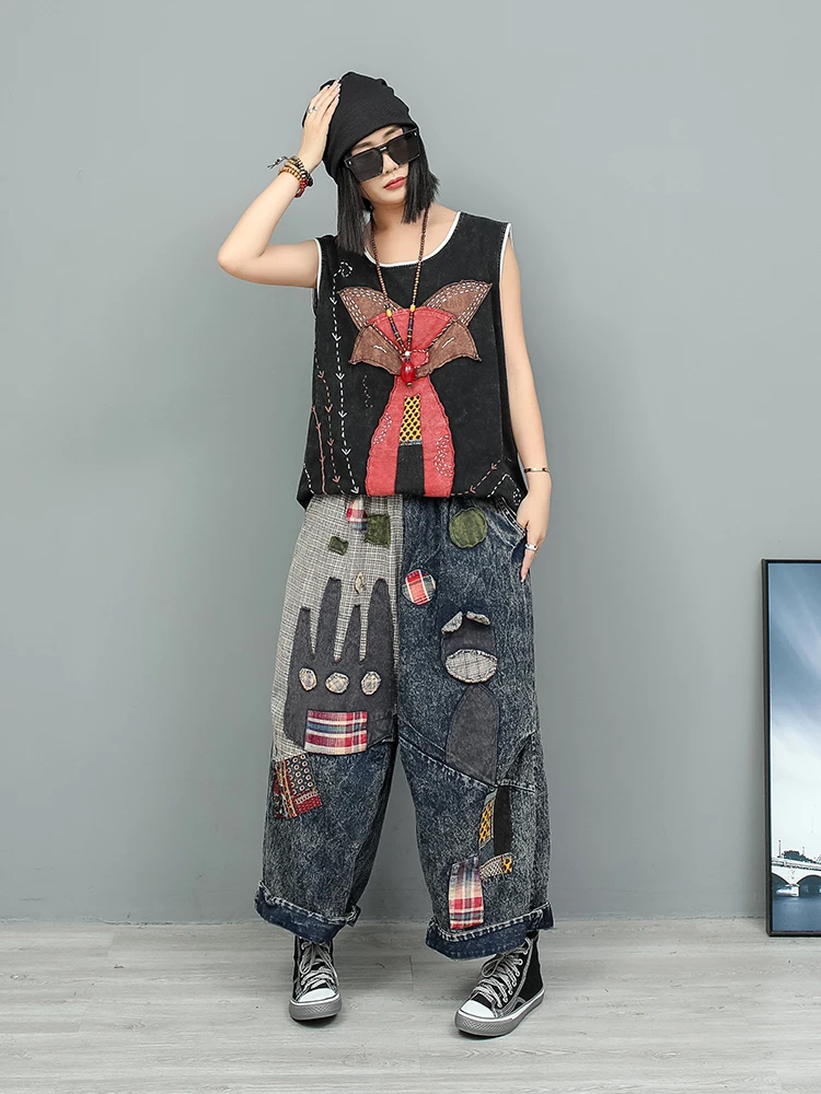 Hand Embroidered Stir Fried Color Sleeveless T-shirt + Straight Leg Denim Jeans Two Piece Set Women Spring Summer ZF374