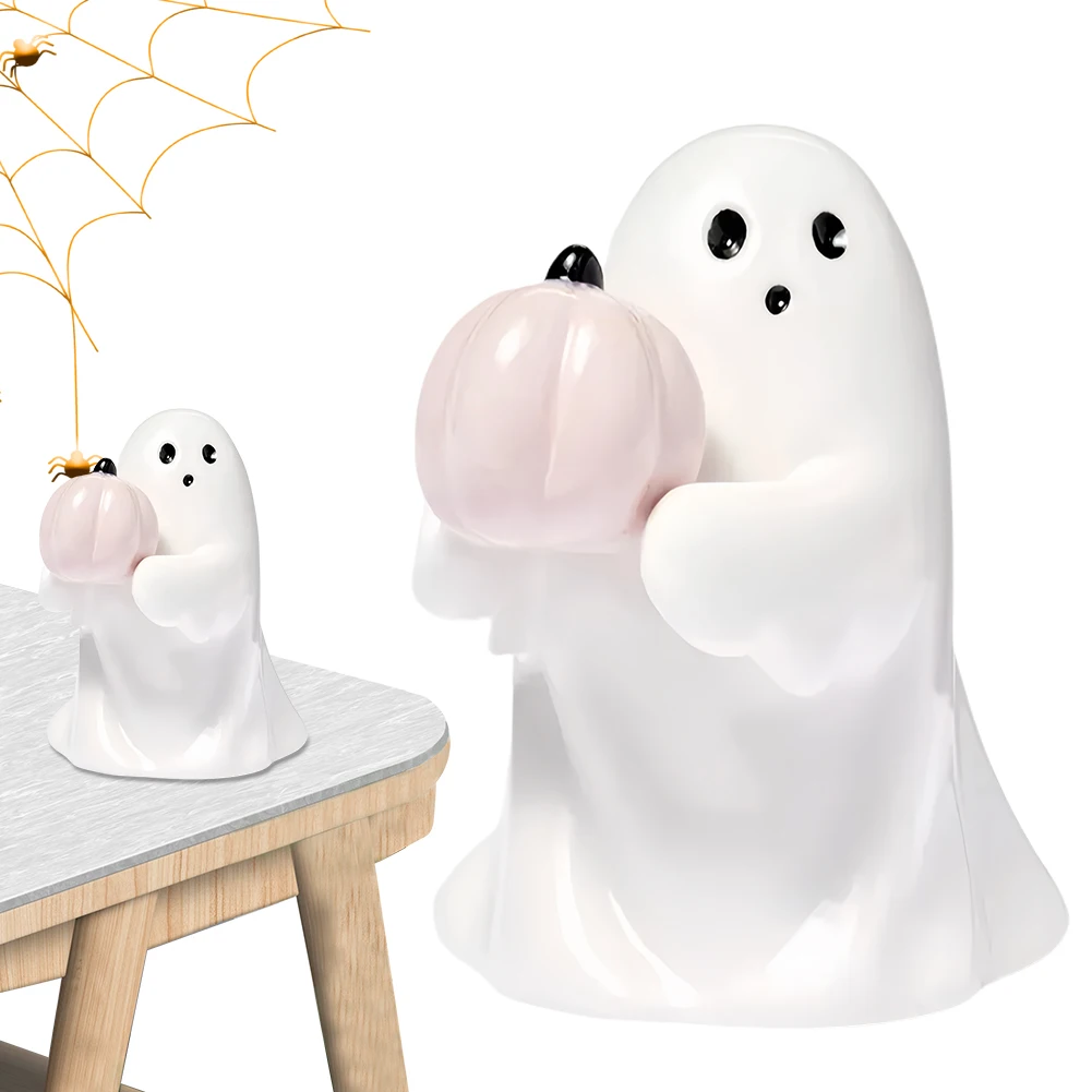 Cute Ghost Hold Pumpkin Statue Resin Halloween Standing Ghost Tabletop Decor Ornament Halloween Home Office Decor Kids Gift Prop