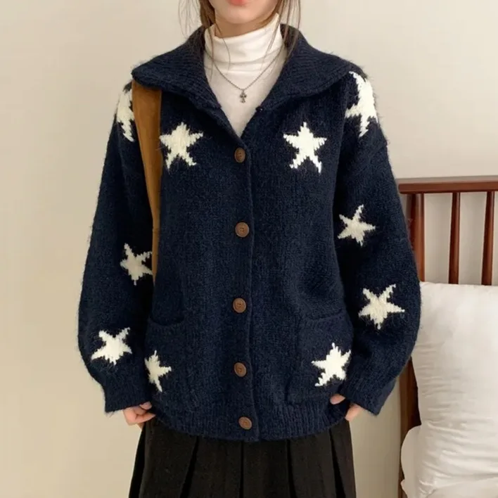 

Винтажный вязаный свитер со звездами, женское свободное пальто с ленивым отложным воротником, осень-зима, модное антивозрастное качество, полиэфирное волокно