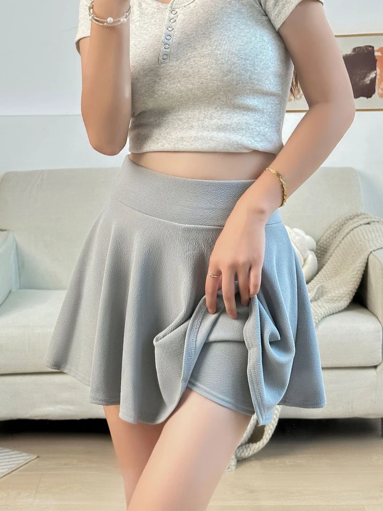 Spring Summer Mini Skirts Women Lining Safety Short Skirt Elastic High Waist Sport Fitness A-line Pleated Skirt 2023