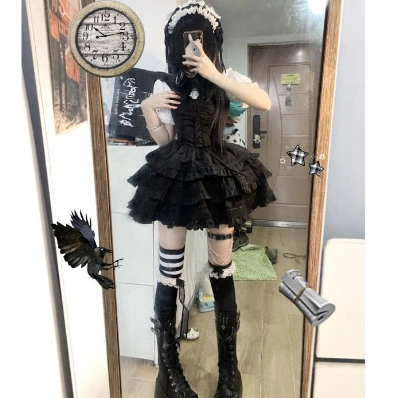 Coalfell Gothic Lolita Fluffy Dress Cute and Sweet Bubble Sleeve Shirt Lace Suspender Dress Set Skirt 2-piece Set Women