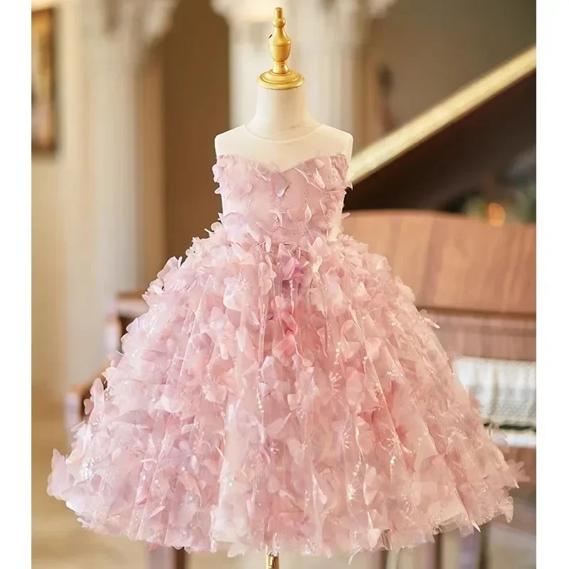 Flower Girl Wedding Dress Luxury Pink Gown Kids Formal Birthday Party Dresses Elegant Toddler Princess Piano Performance Clothes