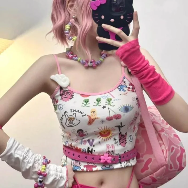 

Millennium style Y2K retro spicy girl graffiti print women's vest summer slim fit sweet spicy trend women's top emo