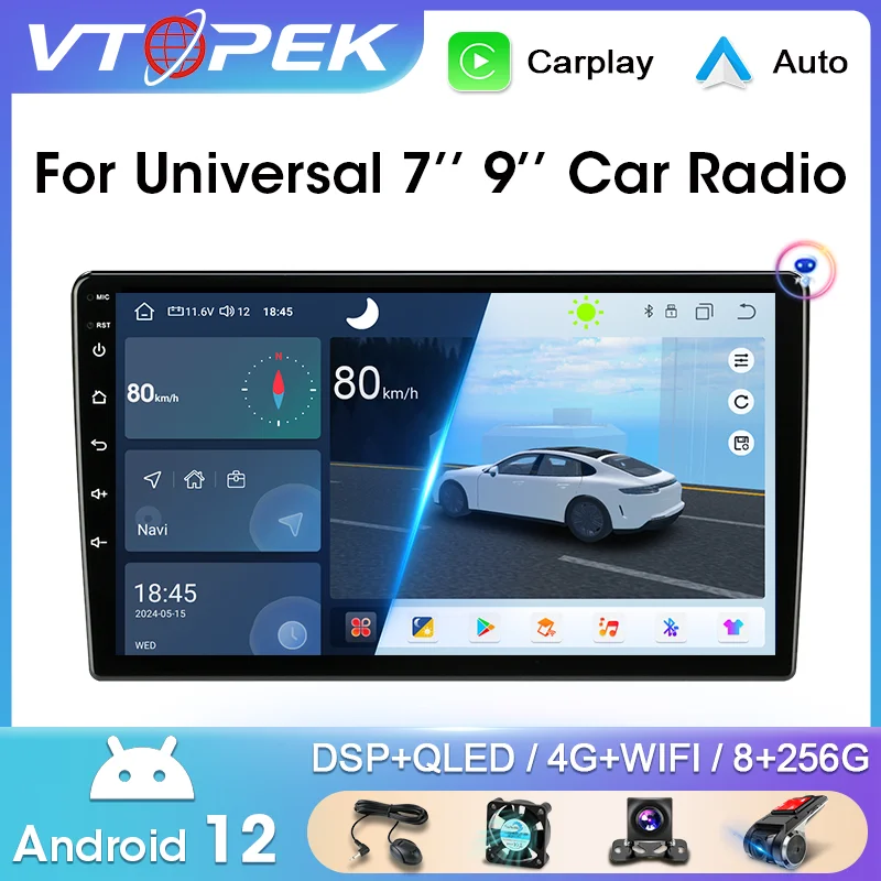 

Vtopek 7 "9" Android 12 Автомобильный радиоприемник 2 Din Auto Carplay Универсальный мультимедийный плеер для Nissan Honda Toyota Lada Volkswagen Hyundai