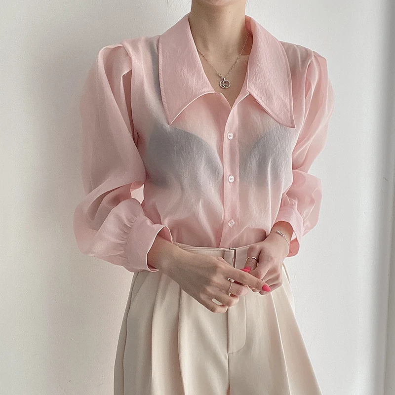 Clothland Women Sweet Transparent Organza Blouse Long Sleeve Pink Black Shorts Female Chic Casual Tops Blusa LA448