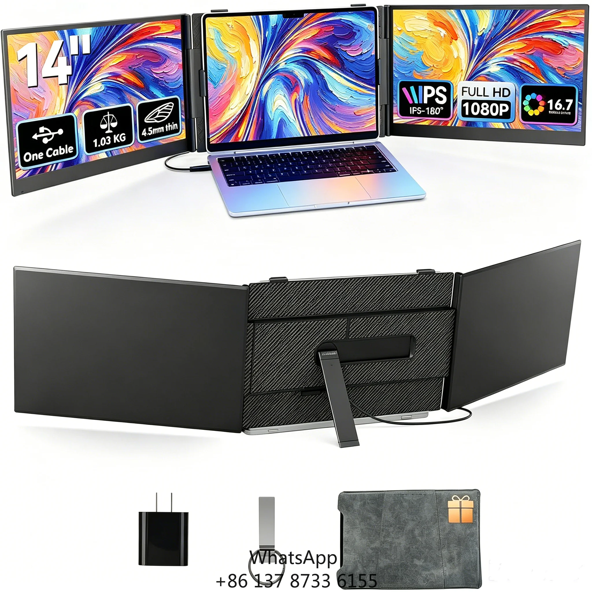 14'' FHD 1080P Ultra-Slim Foldable Multi Screen Laptop Portable Monitor With Speakers For Business Travel And Remote Work