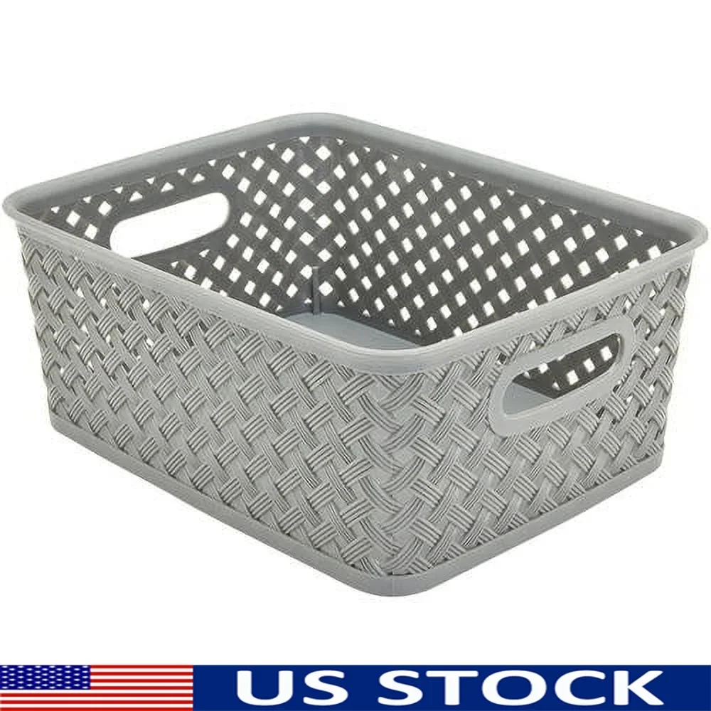 

Small Wicker Storage Bin Sturdy Polypropylene Plastic Lightweight Baskets with Handles Home Organization Gray 10x8x4 In