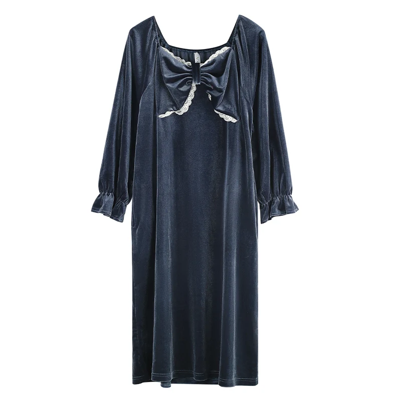 

Thick Velvet Nightgowns Bow Lace Sleepwear Nightwear Female Autumn Winter Long Dress Princess Shirt Womens Robe Peignoir Homme