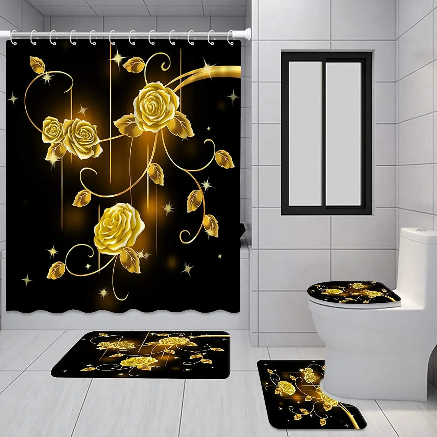 Gold Rose Black Bathroom Set Luxury Shower Curtain with Bath Mat Rug Carpet for Toilet Decor Accessories 4pcs