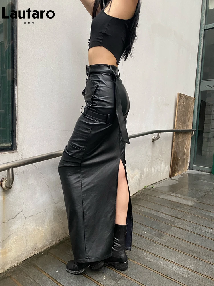 Lautaro Spring Autumn Cool Black Pu Leather Maxi Skirt Women with Back Slit Belt High Waist Long Luxury Designer Clothes 2023