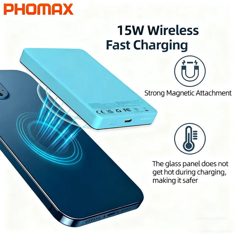 

PHOMAX Thin Power Bank 10000MAH 15W Wireless Charging 22.5W Wired Charge Magnetic Power Bank for iPhone 16 15 14 13 12 Pro Max