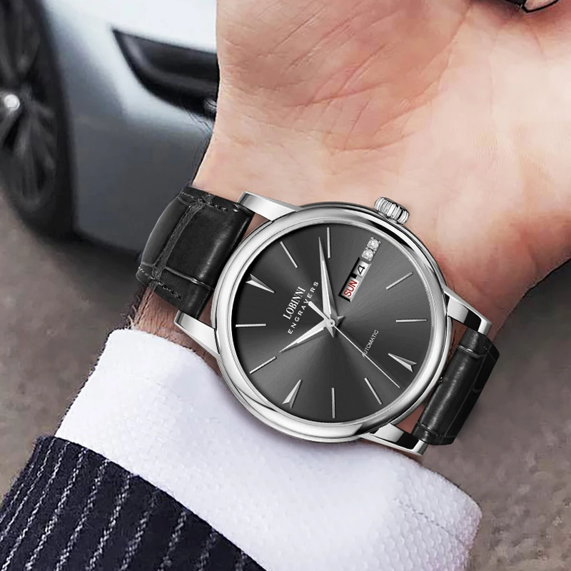 LOBINNI جديد رجال الأعمال التلقائي ساعات آلية ميوتا 8205 حركة الساعات الياقوت مرآة مقاوم للماء 50 متر على مدار الساعة