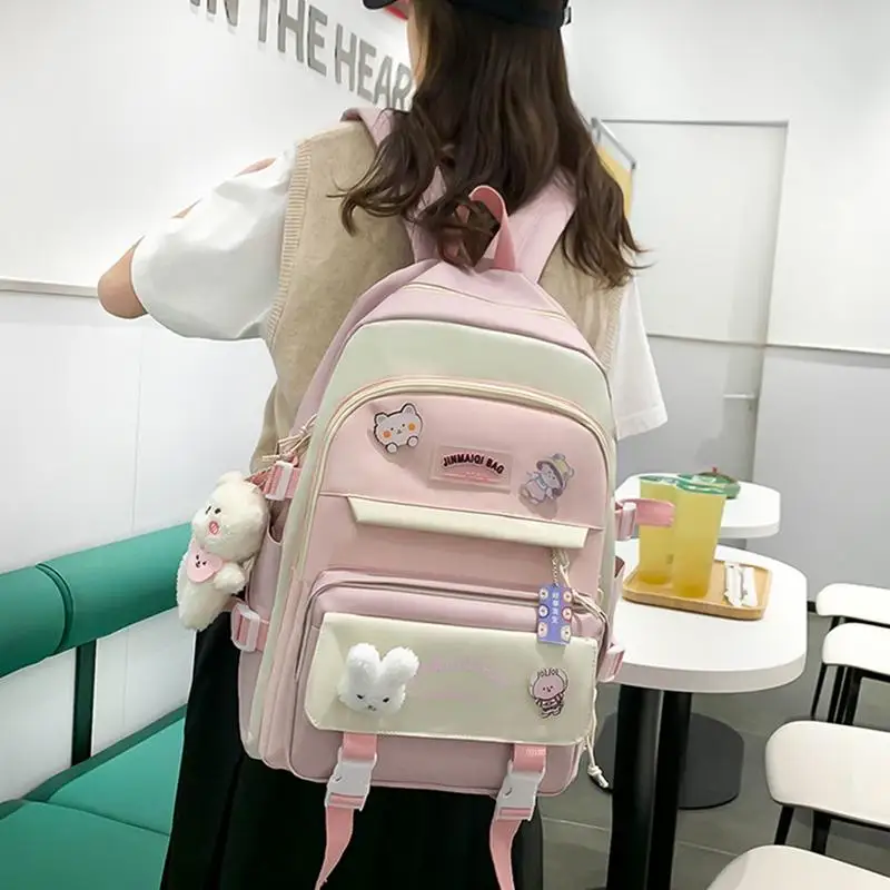 Kawaii Ba Lô Combo Ba Lô Xinh Xắn Cho Trường Học Với Kawaii Mặt Dây Chuyền Gấu 5 Miếng Nhẹ Oxford Canvas Ba Lô Bộ Với