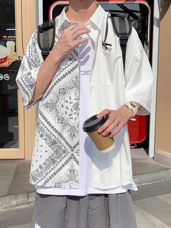 

Свободная повседневная рубашка из ледяного шелка с коротким рукавом для мужчин: модный летний топ в стиле пэчворк для студентов и молодежи