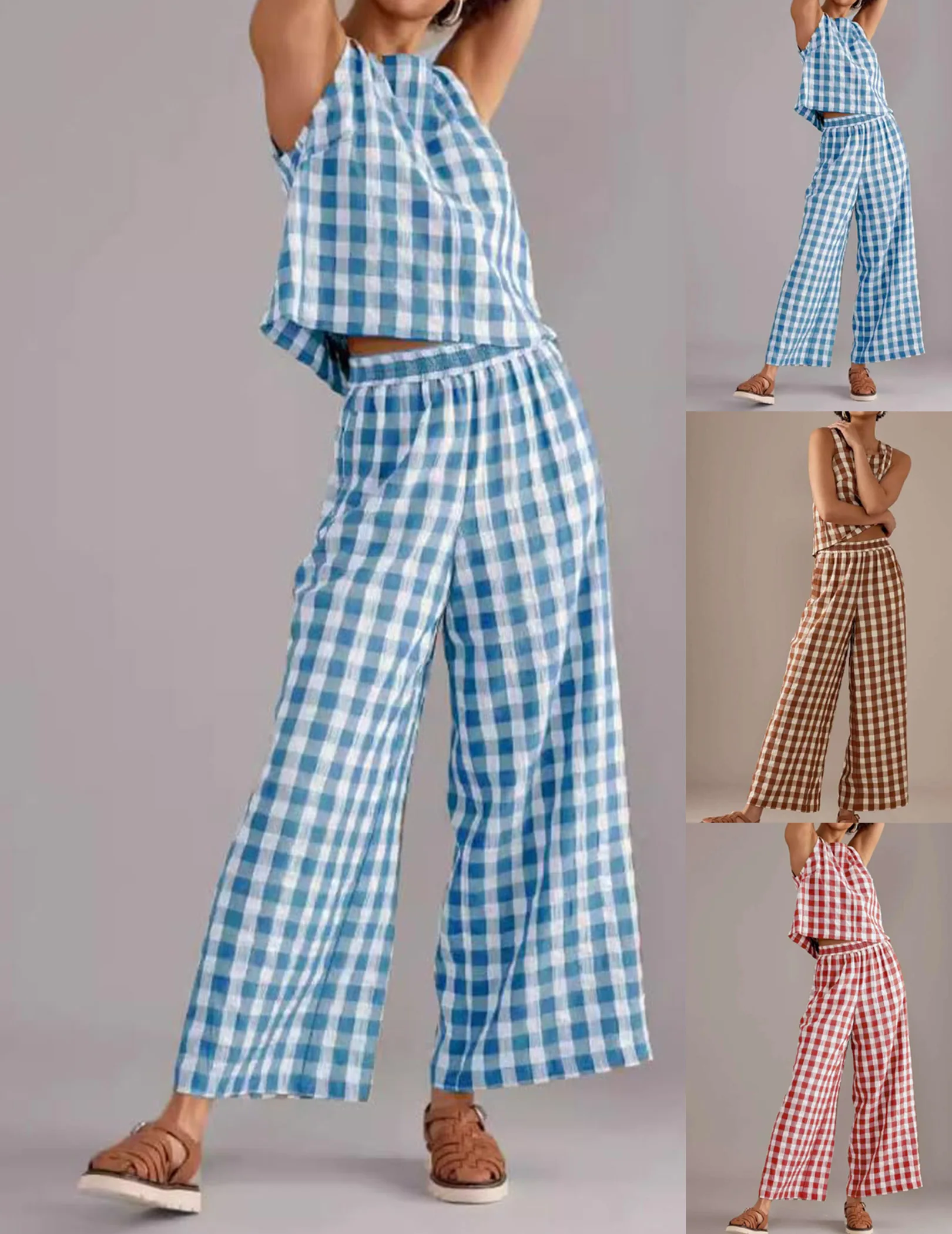 Women 2 Piece Gingham Lounge Set Plaid Tank Tops and Wide-Leg Pants Outfits Pajamas Lounge Set for Travel Vacation