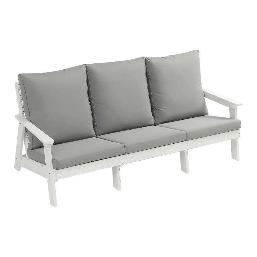 

Outdoor garden 3-seater sofa with HIPS material, wood grain finish, white/grey color, weather-resistant cushion included
