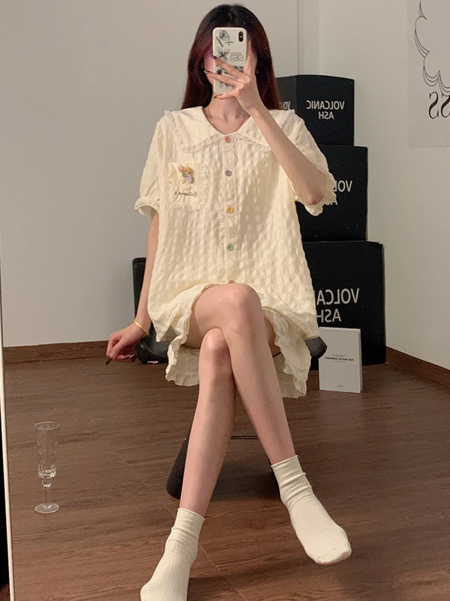 DAIMELU ins haut de gamme pur coton pyjamas femmes nouvel été abricot fleurs doux à manches courtes princesse style étudiant loungewea