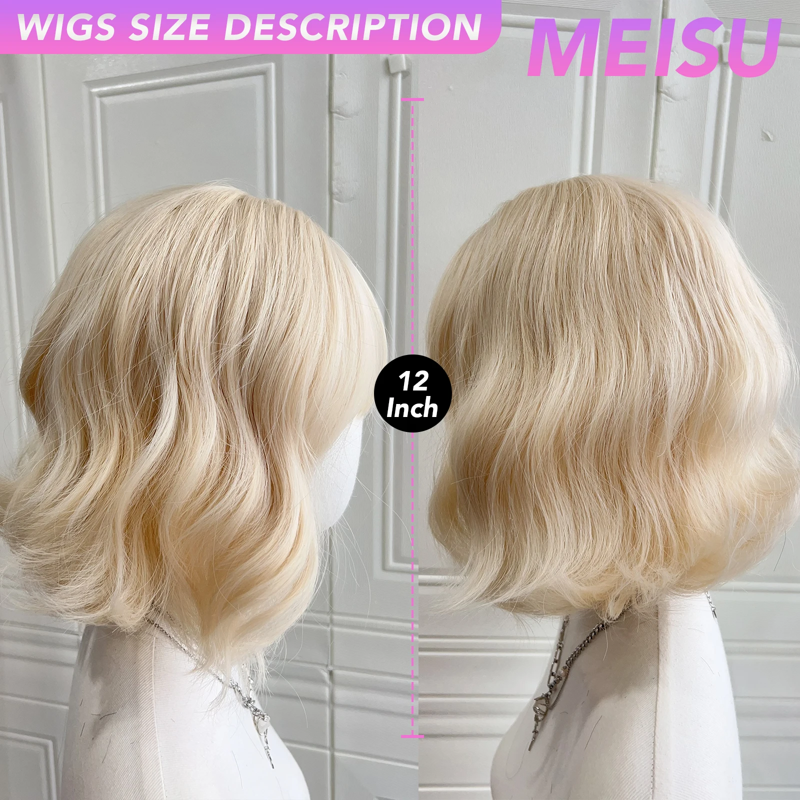 MEISU 12 بوصة الذهب الأبيض مجعد موجة شعر مستعار اصطناعي مقاومة للحرارة الطبيعية السلس الشعر أنيق الانفجارات الطرف الباروكات للنساء
