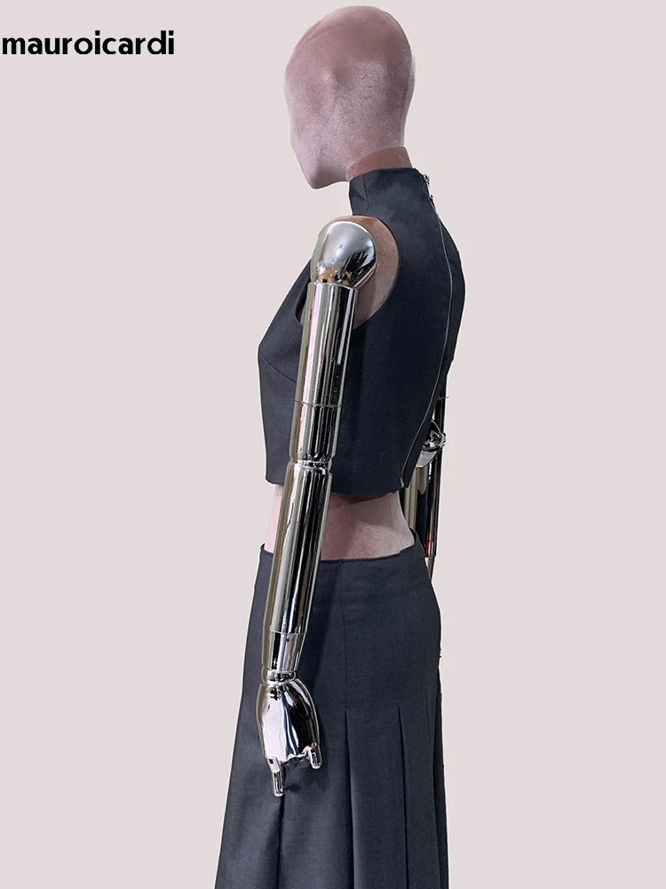 

Lautaro, летняя легкая серая укороченная майка, женская майка с воротником-стойкой и молнией сзади, элегантная шикарная роскошная одежда без рукавов 2025